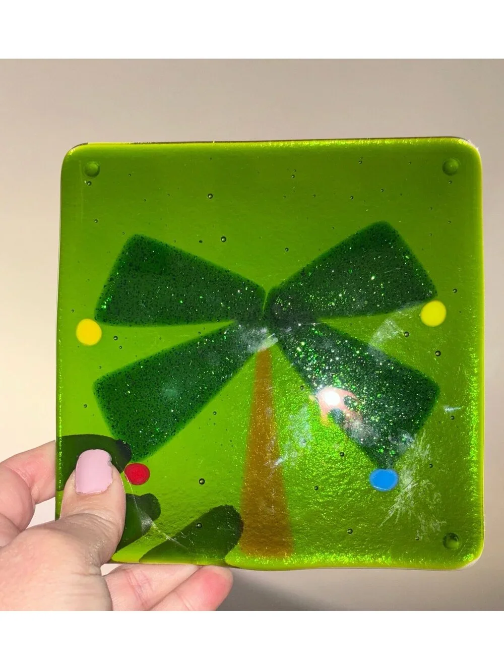 Fused glass green trivet Christmas holiday palm tree box r